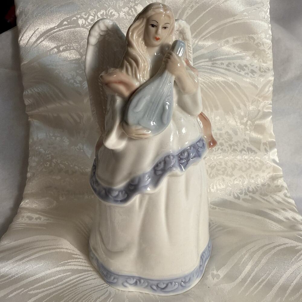 Angel Bell Mandolin Figurine Porcelain Wings Christmas Decor Holiday Vintage 5"